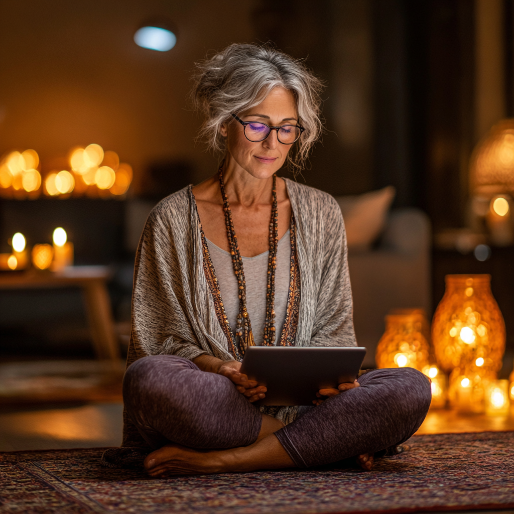 Жінка 52 років практикує йогу вдома за онлайн-уроком на планшеті, створюючи затишну атмосферу свічками