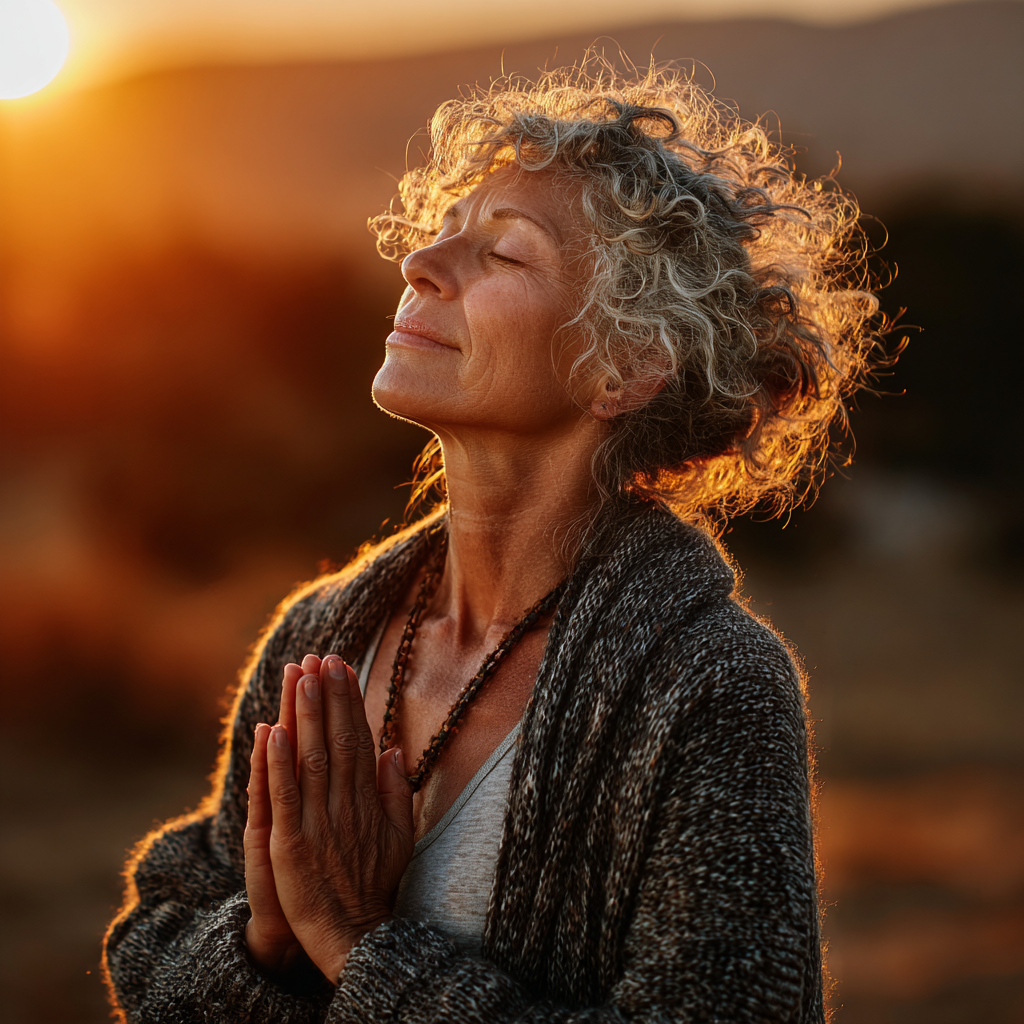 Жінка 55 років практикує ранкову йогу на природі в променях сонця, відчуваючи гармонію з природою