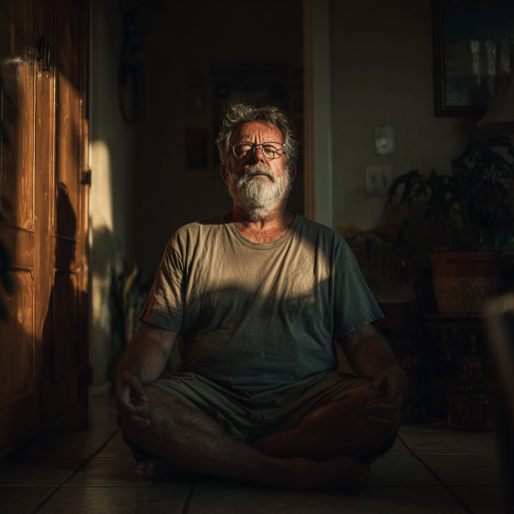 Чоловік 58 років медитує в тихому куточку свого дому, сидячи в лотосовій позі з заплющеними очима