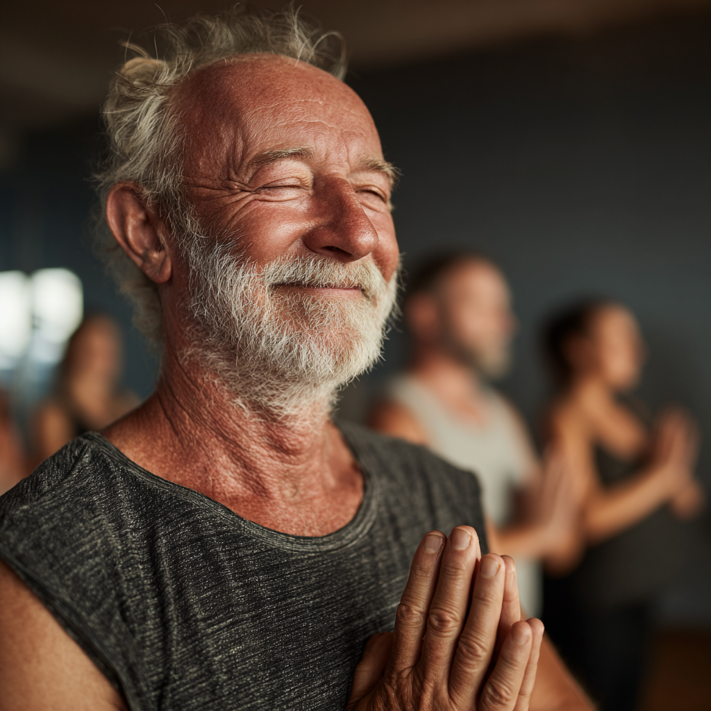 Чоловік 60 років вперше відвідує йога-клас, виконує базові вправи з усмішкою та відчуттям досягнення